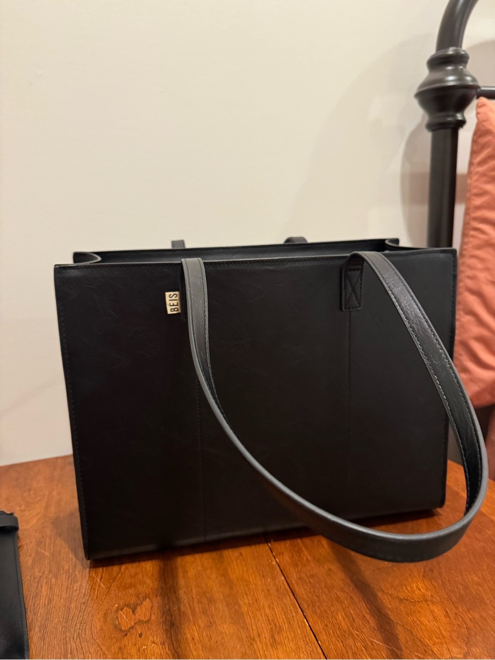 BEIS Black Leather Work Tote with Long Shoulder Straps